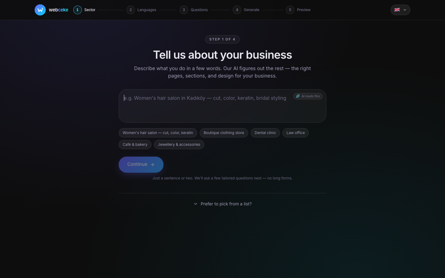 webceke onboarding — describing your business in one sentence